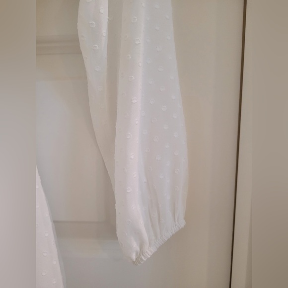 White polka dot ruffle mini, long sleeve summer dress with a belt. Fits XS & S. - Picture 3 of 3